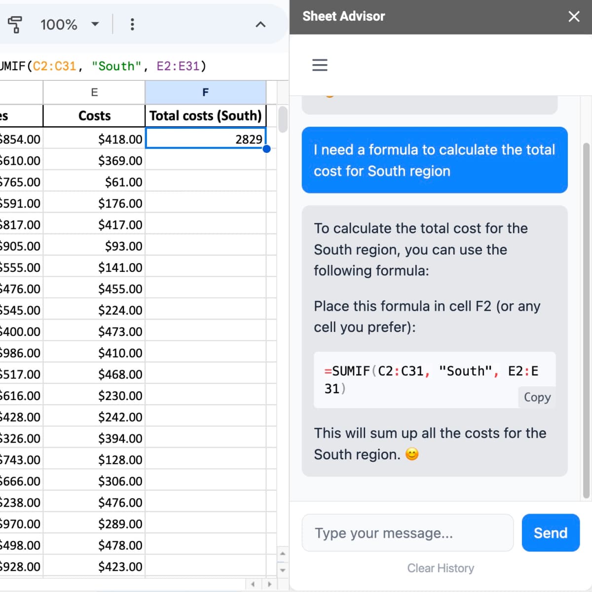 Creating formulas with Sheet Advisor